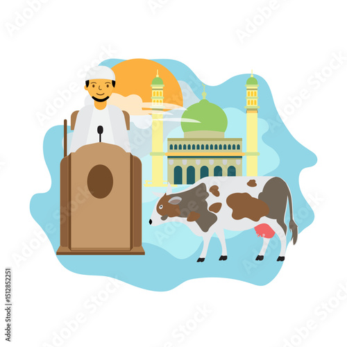  Flat vector illustration showing a Muslim man giving a sermon (khutbah) near a mosque, with a sacrificial cow beside him. This scene represents the Islamic celebration of Adha (Festival of Sacrifice)
