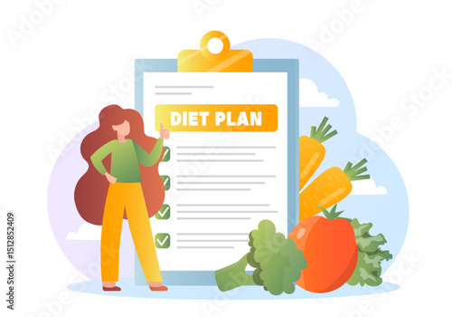 Woman with diet plan. Young girl near carrots, tomatoes and broccoli. Healthy eating and nutrition, proper diet. Dietician with clipboard. Flat vector illustration