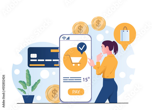 Woman with digital payments. Young girl near smartphone with banking card. Electronic wallet. Cashless transfers in banking application. Digital money. Flat vector illustration