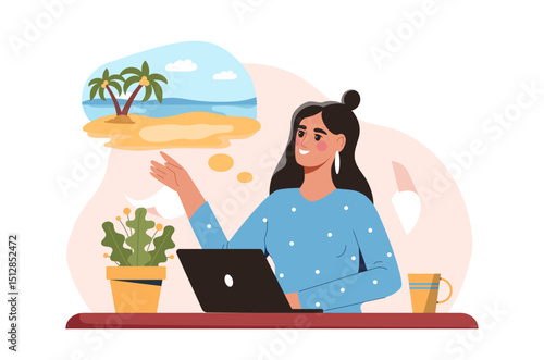 Woman dreams of vacation. Young girl with laptop thinking about beach. Travel and tourism to tropical and exotic countries. Tourist prepares for trip. Flat vector illustration