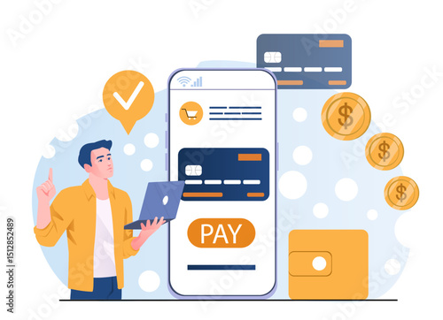 Man with electronic wallet. Young guy with laptop near smartphone with banking card. Cashless transfers and transactions. Businessman with banking application. Flat vector illustration