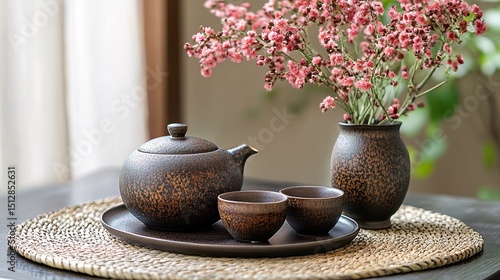 Elegant Tea Set with Woven Placemat and Ceramic Accents for Stylish Table Setting