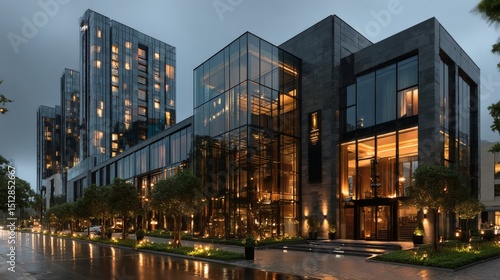 Architectural marvels in a business hub at dusk, with glowing interiors, highly reflective surfaces, and rich atmospheric sky tones 