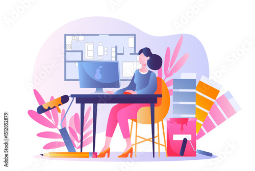 Interior designer woman. Young girl sits at computer near apartment blueprint. Businesswoman chooses furniture for room. Comfort and coziness. Flat vector illustration