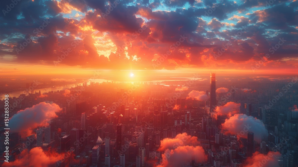 Fototapeta premium Hyper-detailed city architecture showing vertical glass panels reflecting adjacent buildings and vibrant dusk clouds with visible weathered textures