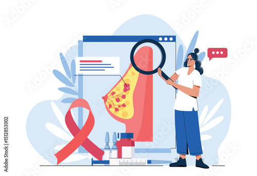 Mammologist doctor concept. Woman with magnifying glass near female breast structure. Mammology and anatomy. Healthcare and medicine. Flat vector illustration