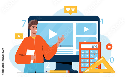 Online math lesson. Man near computer, calculator and ruler. Education, learning and training. Algebra lesson on internet. Remote mathematics lecture. Flat vector illustration