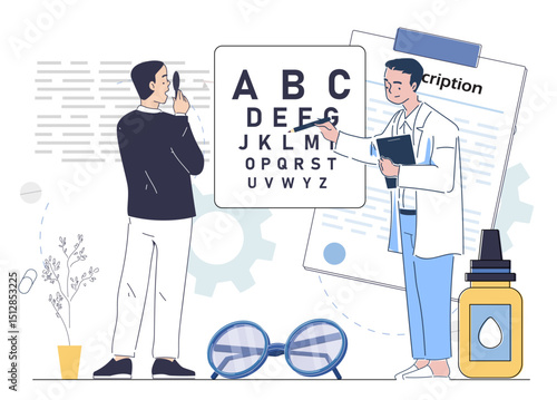 Ophthalmologist with patient. Man in medical uniform with patient near glasses and vision test. Healthcare and medicine. Vision correction procedures. Linear vector illustration