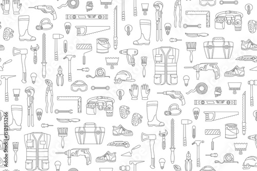 Building tools construction equipment doodle seamless pattern. Repair finishing works. House construction industry trendy boundless background. Endless line design paper print fabric wrapper template