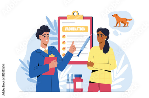 Rabies vaccination concept. Man in medical uniform offers vaccine to young girl. Prevention of viral diseases. Healthcare and medicine, treatment. Flat vector illustration