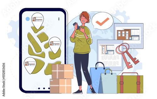 Real estate agency online. Woman with smartphone and keys from building. Realtor rent or buys apartment. Real estate and private property deals. Linear vector illustration