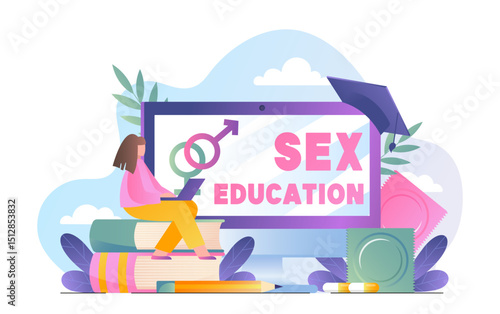 Sex education concept. Woman with laptop sitting on books near gender symbols. Lecture on sexual awareness. Education and training. Flat vector illustration