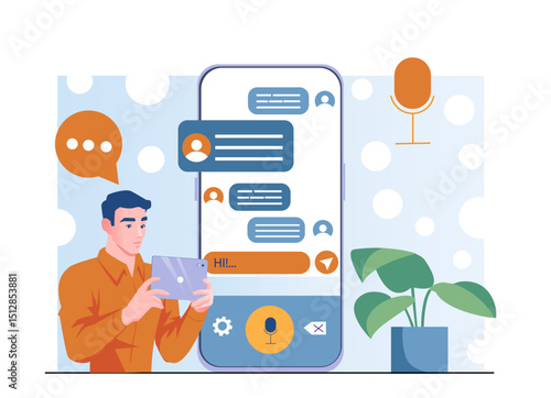 Man with voice input. Young guy near smartphone. Speech to text converter application. Communication in social networks and messengers. Chat and dialogue. Flat vector illustration