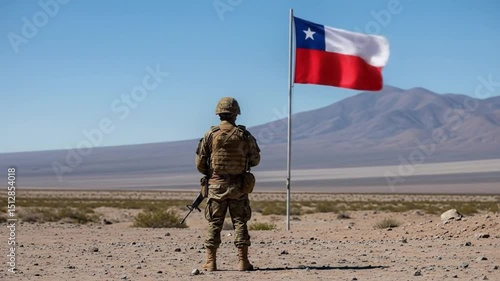 A Chilean soldier stands guard in front of a Chilean flag on the border in a desertic area in northern Chile.