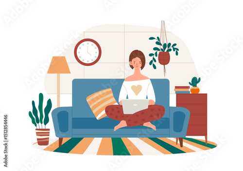 Woman work from home. Young girl sitting with laptop on sofa. Freelancer makes money on Internet. Remote employee with online earnings. Comfortable workplace. Flat vector illustration