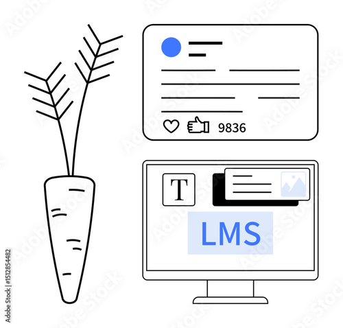 Carrot sketch beside social media stats, thumbs ups, and comments. Desktop monitor with LMS design. Ideal for education, social media, sustainability, organic products, content creation digital