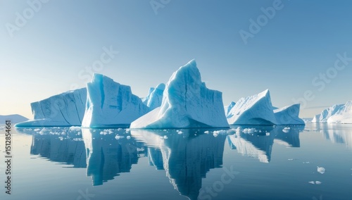 Magnificent Icebergs Reflecting in Calm Waters against a Clear Blue Sky