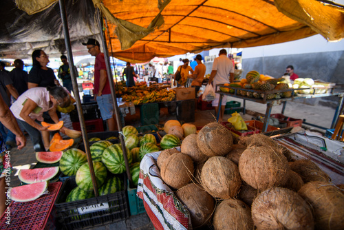 Fruit and vegetable stall at an open street market in Serra Branca, Paraíba, Brazil on May 24, 2025.