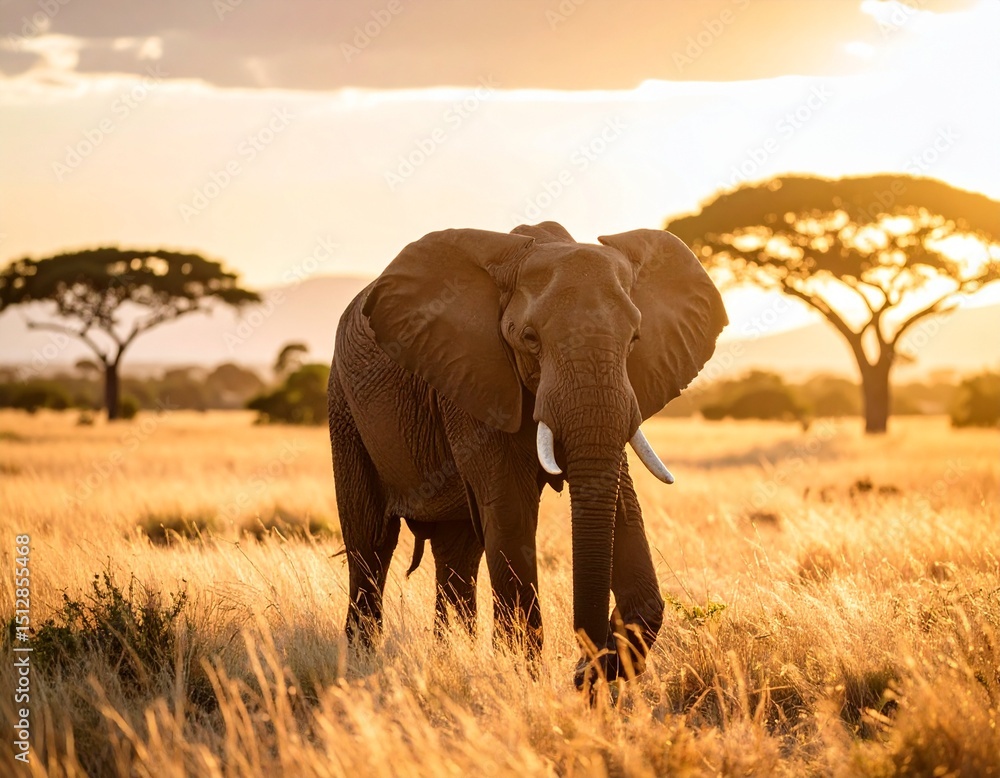 Obraz premium A majestic African elephant roaming freely in the savanna at sunrise, capturing the spirit of conservation for World Elephant Day.