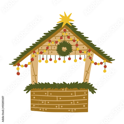 Christmas Market Stall Wooden House. Outdoor Winter Shop. Xmas Festival Holiday Kiosk. New Year Gift Souvenir Stand. Hand Drawn Colorful Cartoon Aesthetic Vector Illustration Isolated