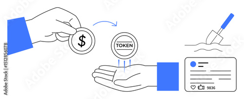 Hand exchanging dollar coin for token, mining tool, and social post with thumbs ups. Ideal for cryptocurrency, blockchain, token economy, social impact, fintech, transaction process simple landing
