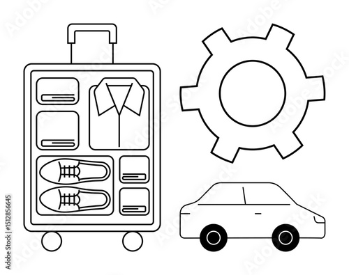 Organized suitcase displaying clothing and shoes, showing travel preparation. Includes car and gear wheel for planning, transportation, and process optimization. Ideal for travel, logistics