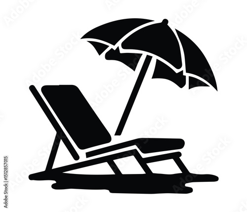 A black and white illustration of a beach chair and umbrella.
