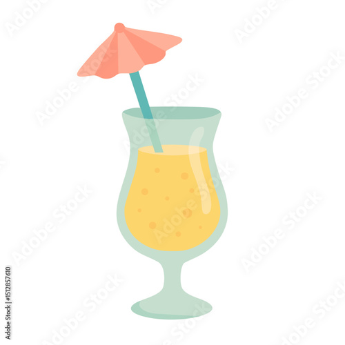 Cartoon tropical drink in curved glass with straw and umbrella. Flat vector illustration for summer theme.