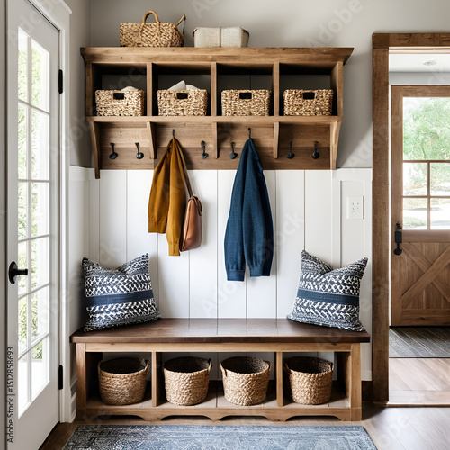 A charming rustic entryway featuring a wooden bench with storage cubbies above