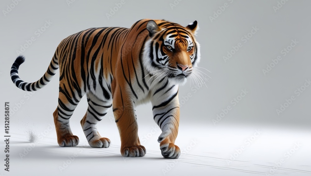 Obraz premium Majestic tiger strides purposefully across a pristine white background scene