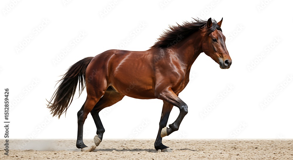 Obraz premium Majestic Brown Horse Galloping on Sand, Isolated on White Background