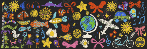 Kids chalk drawings big set. Crayon freehand child baby hand drawn scribble nature elements: smile, sun, flower, airplane, earth, bicycle, butterfly. Cute pencil school vector illustration isolated