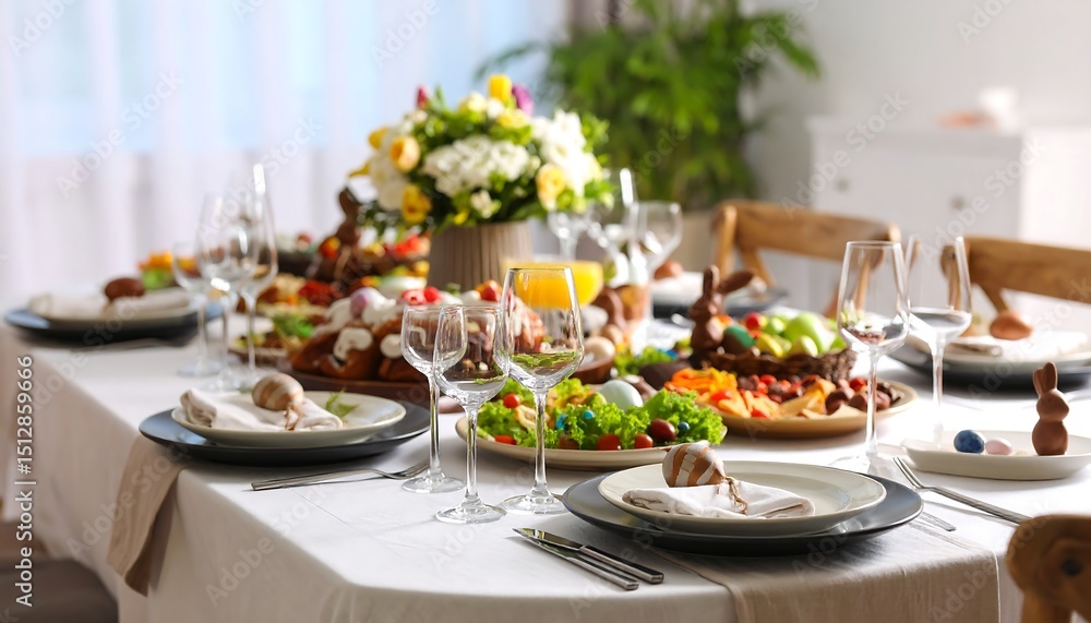 Fototapeta premium Festive Easter table setting with food and decor.