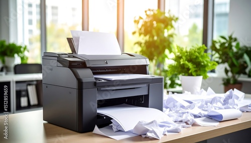 Modern Office Printer with Crumpled Papers
