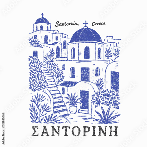 Santorini island graphic print, ,summer beach vacation vector art.  Greece, Santorini Vector illustration for t shirt, summer travel city landscape, holidays outdoor artwork for t shirt, 
