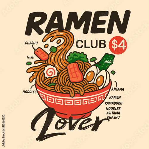 Ramen japanese food Graphic Design for T shirt. Ramen noodles in a bowl with chopsticks and fried shrimp and eggs. Street Wear ,