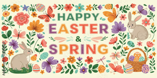 Happy Easter, Modern flat design with flowers, eggs and bunnies, pastel colors