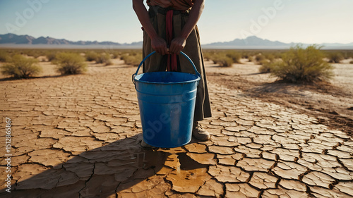Person carries water in a blue bucket in a cracked desert landscape.