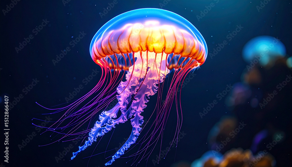 Ethereal Glowing Jellyfish Floating Gracefully in the Dark Ocean Depths Ethereal Glowing Jellyfish Floating Gracefully in the Dark Ocean Depths