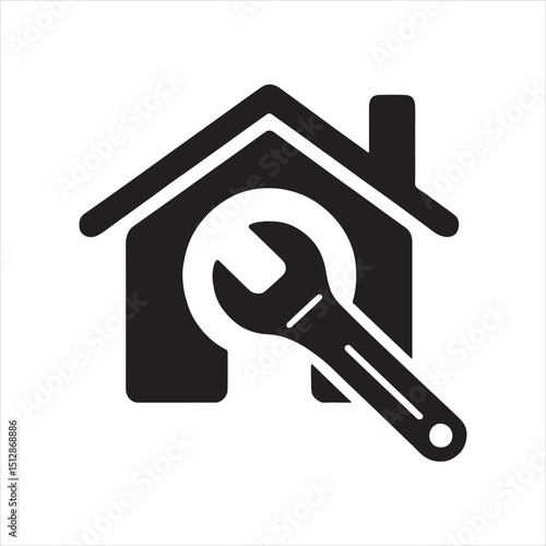 Black Silhouette Home Repair Icon with Wrench for House Maintenance

