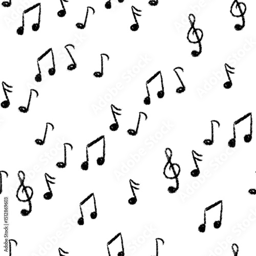 Chalk Textured Music Notes Seamless Pattern. Musical Note Sign Treble Clef. Kids pencil textured symbols. Freehand pastel childish hand drawn. School paintbrush doodle. Vector illustration isolated
