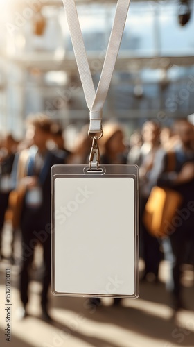 Blank Name Badge Mockup Hanging On Lanyard With Blurred Business People In Background At Conference Or Event Perfect For ID Card Display