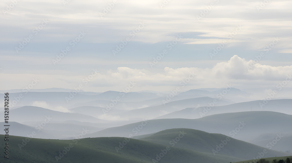 Rolling hills of misty gray landscape with white clouds against a vast sky , hills, gray sky Rolling hills of misty gray landscape with white clouds against a vast sky , hills, gray sky