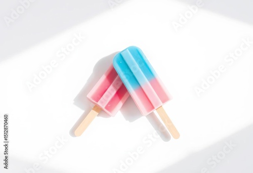 Two popsicles, pink and blue, casting shadows on a white background,  confectionery,  color