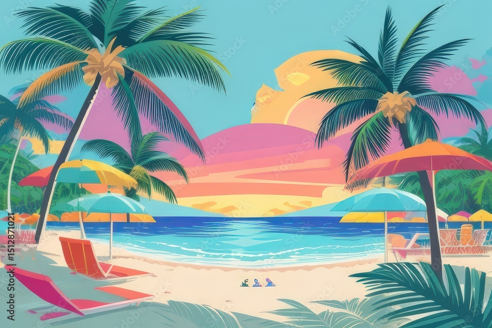 Summer Vacation Beach Illustration — Flat Vector with Palm Trees, Coconut Drink, and Sunset Summer Vacation Beach Illustration — Flat Vector with Palm Trees, Coconut Drink, and Sunset