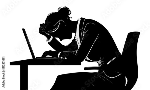 Stressed businesswoman silhouette vector at a desk with a laptop.