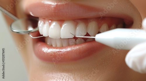 Dental hygienist holding an ultrasonic scaler gently cleaning a patient's teeth in a bright sterile clinic