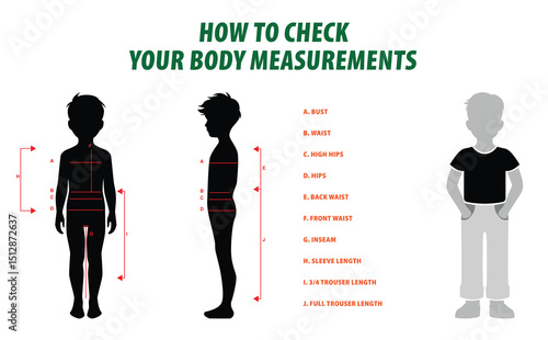 illustration of How to Check Your Body Measurements Guide or How to Check Your Body Measurements for Clothing Fit isolated.