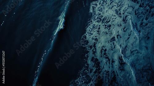 Aerial view of Antarctica's icy coastline with dramatic glaciers meeting the deep blue ocean, vast copy space for text overlay. Polar landscape, climate change, global warming and environmental conser