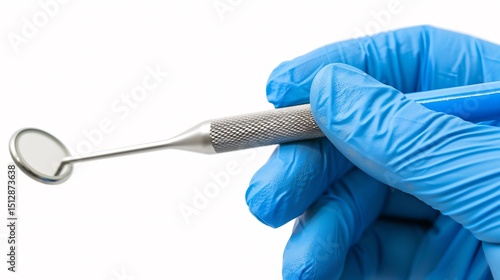 Dental professionals gloved hand holding a precision scaler tool isolated on a white background